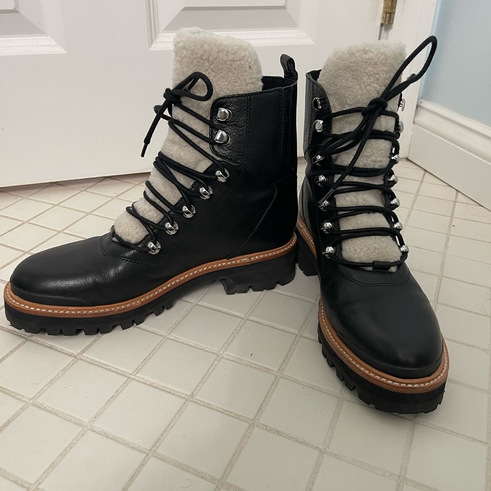 Marc Fisher Shearling-Trim Leather Lace-Up Boots Size 8